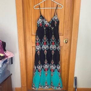 Navy Blue and Teal Ikat Maxi Dress